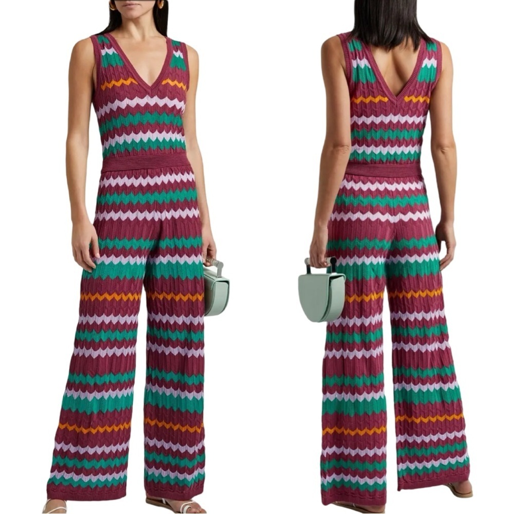 NWT M MISSONI Wide Leg Knit Jumpsuit Long Overalls Zig Zag Pattern V-Neck XS